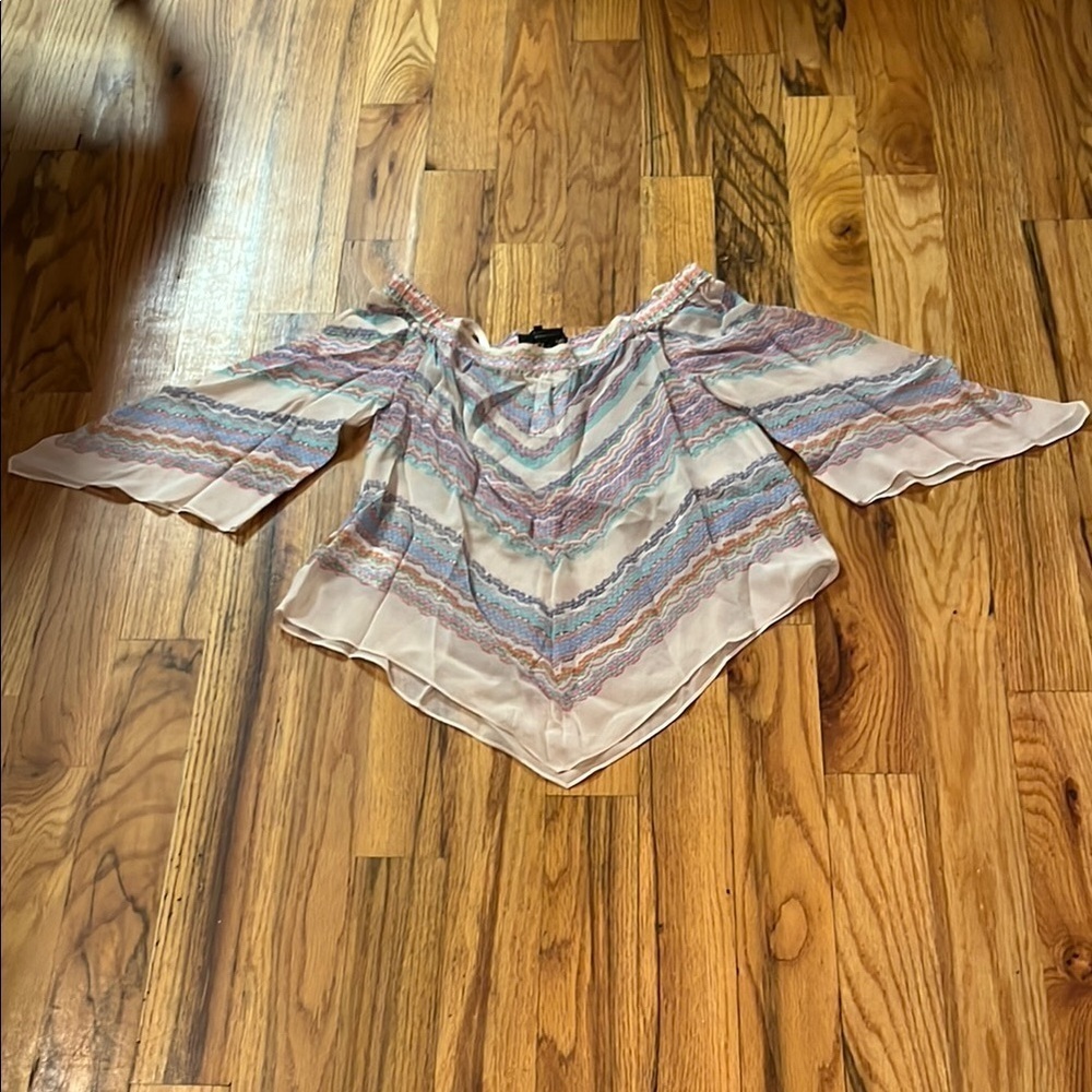 BCBG Maxazria “Octavia” off shoulder silk top
